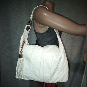 Pulicati Embossed & Pebbled White Leather Hobo, Tote, Shoulder Bag.Made In Italy